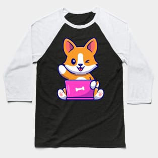 Cute Corgi Dog Working On Laptop Cartoon Baseball T-Shirt